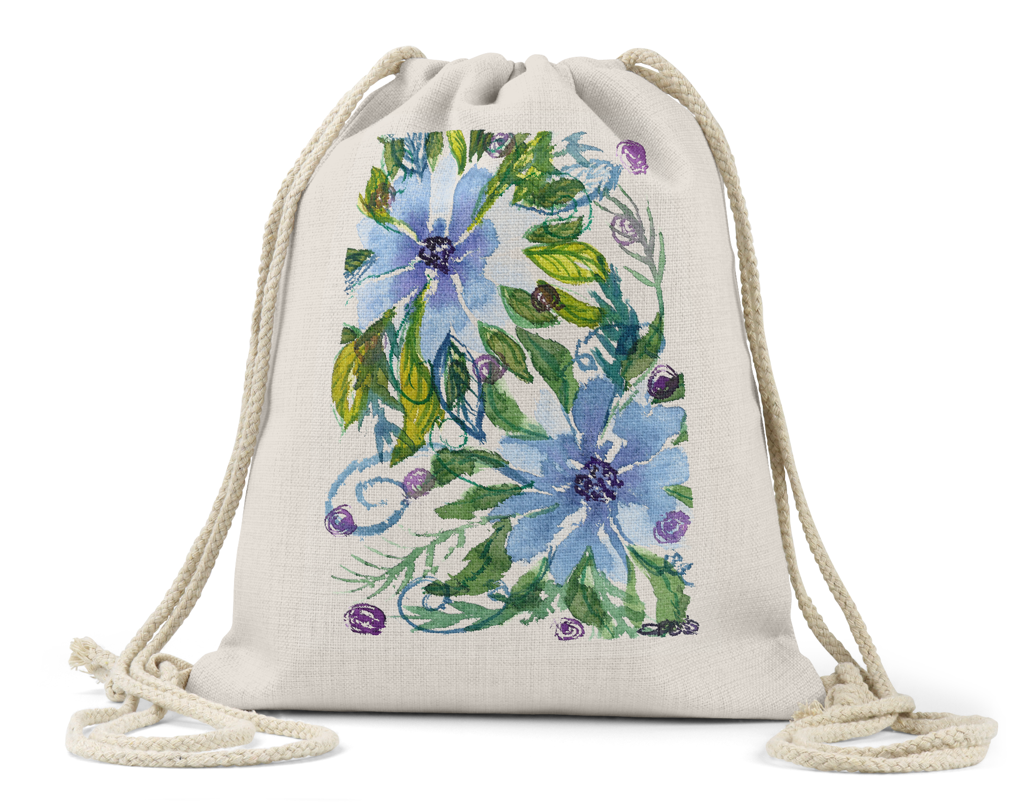 "Blue Flowers" - Linen Drawstring Bag