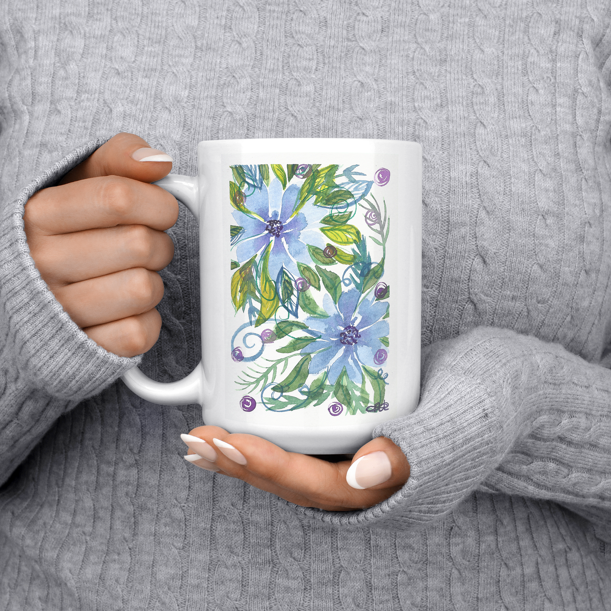 "Blue Flowers" - 15oz Coffee Mug