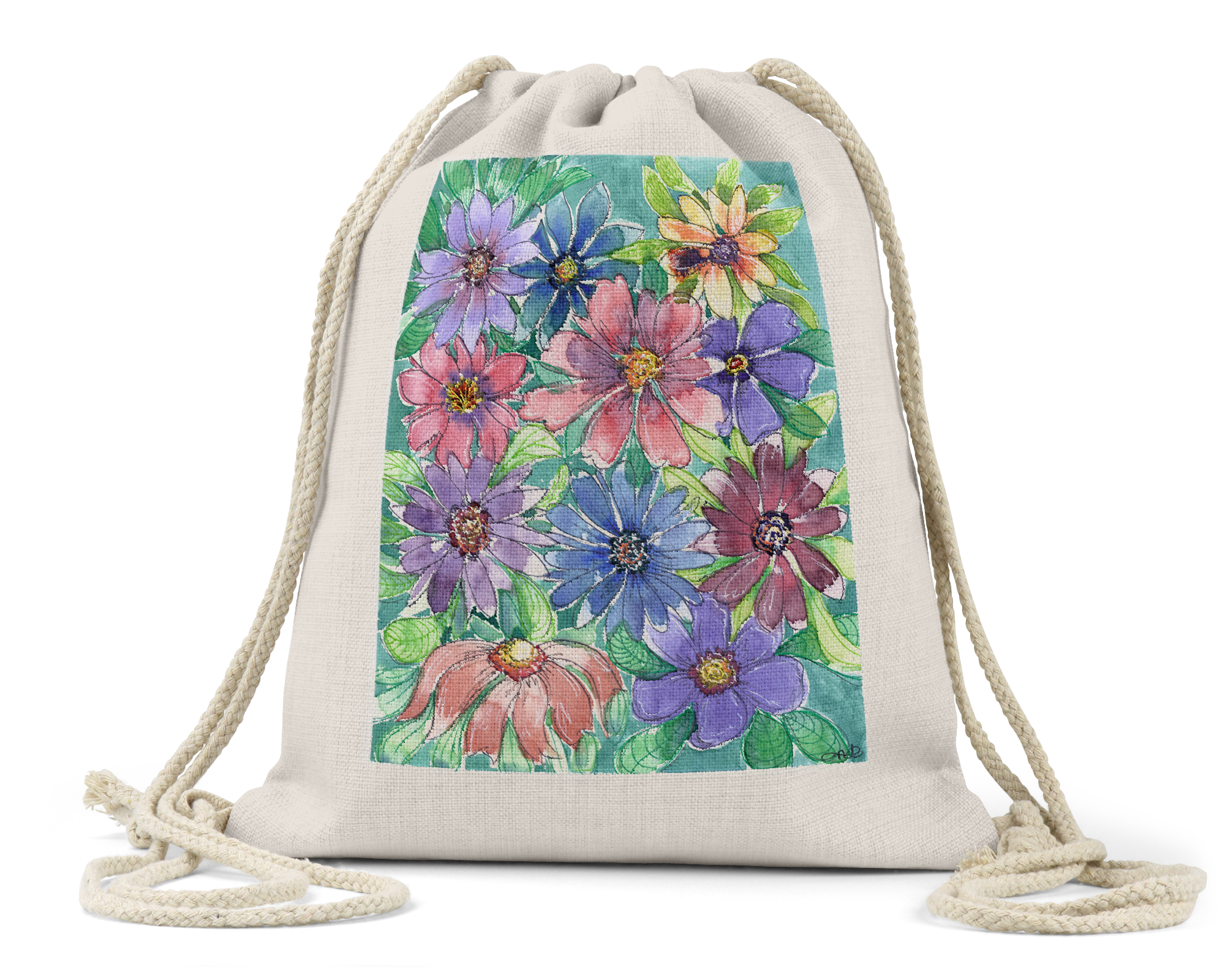 "Colorful Florals" - Linen Drawstring Bag