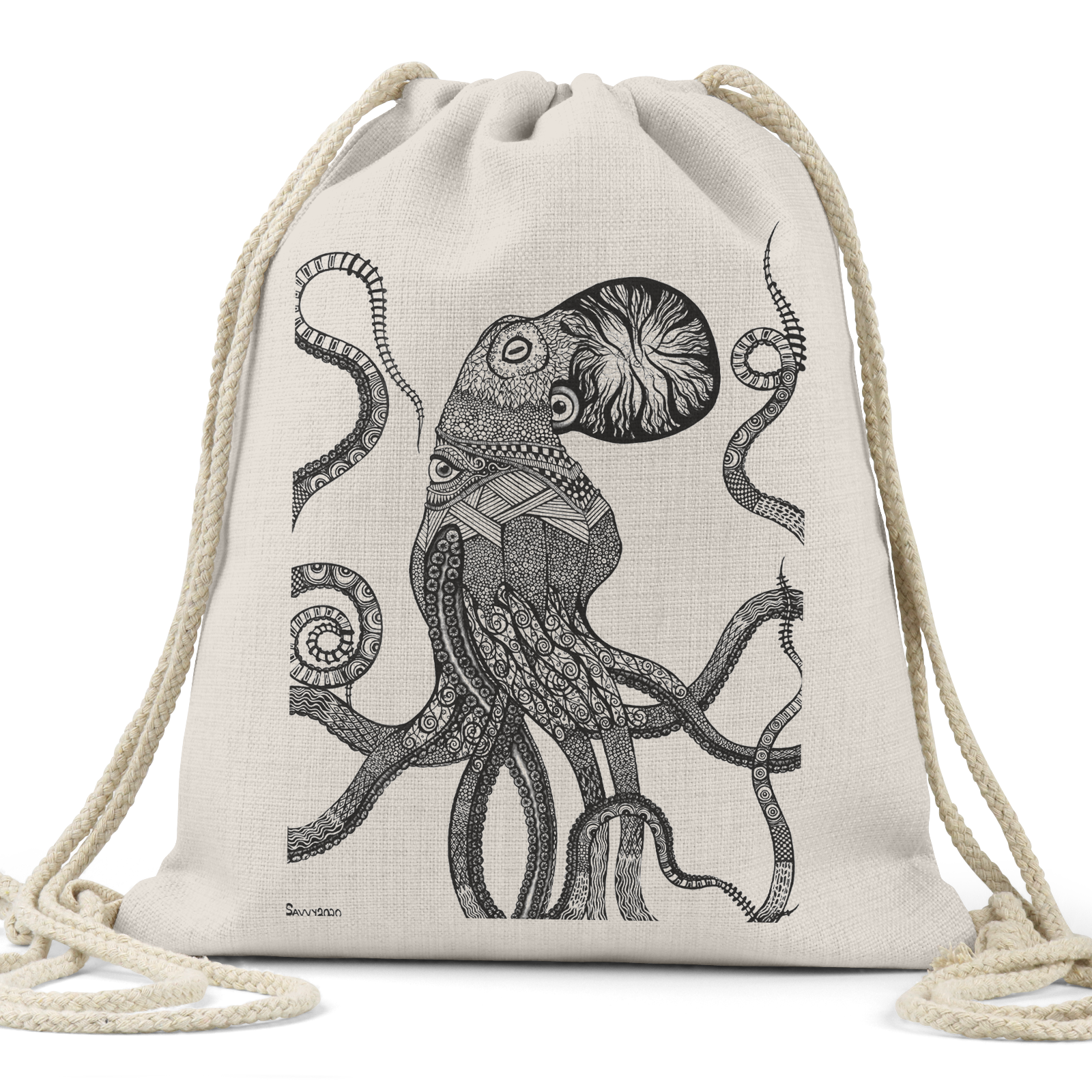 "Ocular Octopus" (Black/White Version) - Linen Drawstring Bag