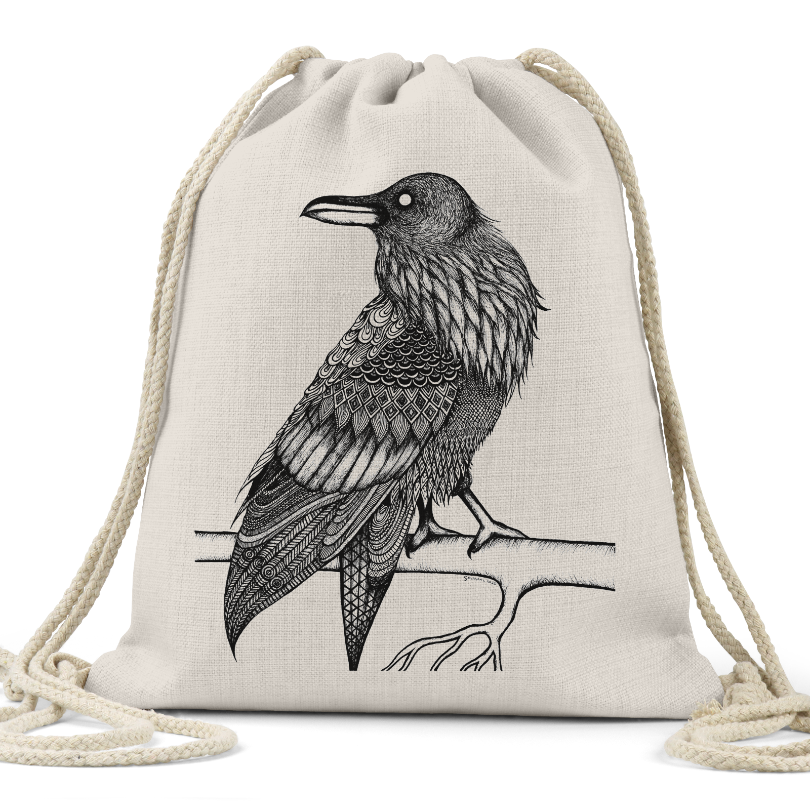 "Space Raven" (Black/White Version) - Linen Drawstring Bag