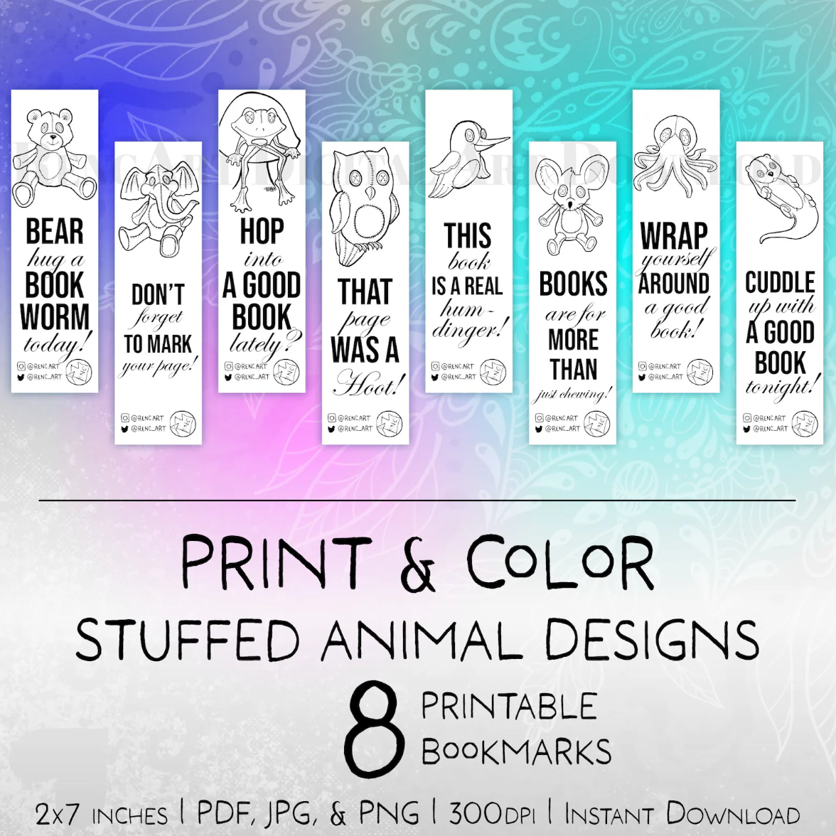 Print and Color Bookmarks - Digital Download - Stuffed Animal Designs