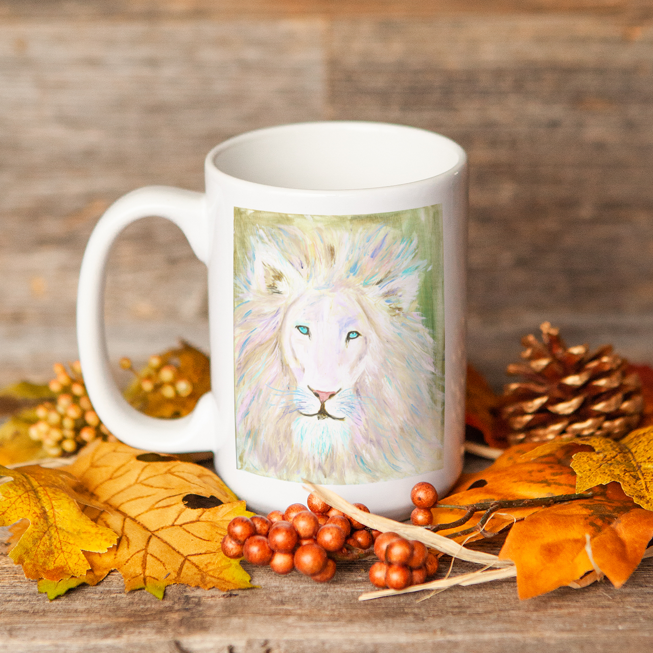 "Whimsical White Lion" - 15oz Coffee Mug