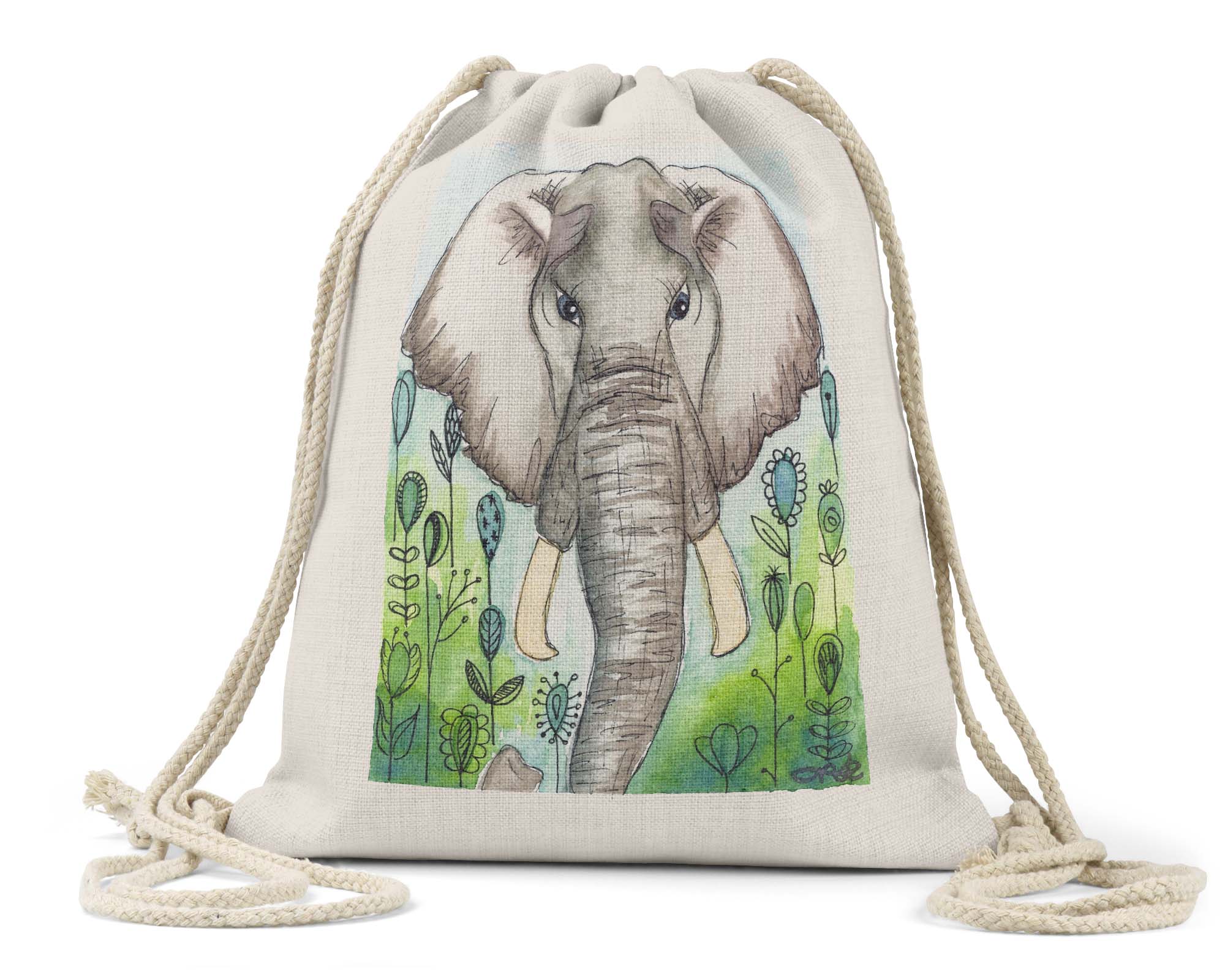 "Eli the Elephant" - Linen Drawstring Bag