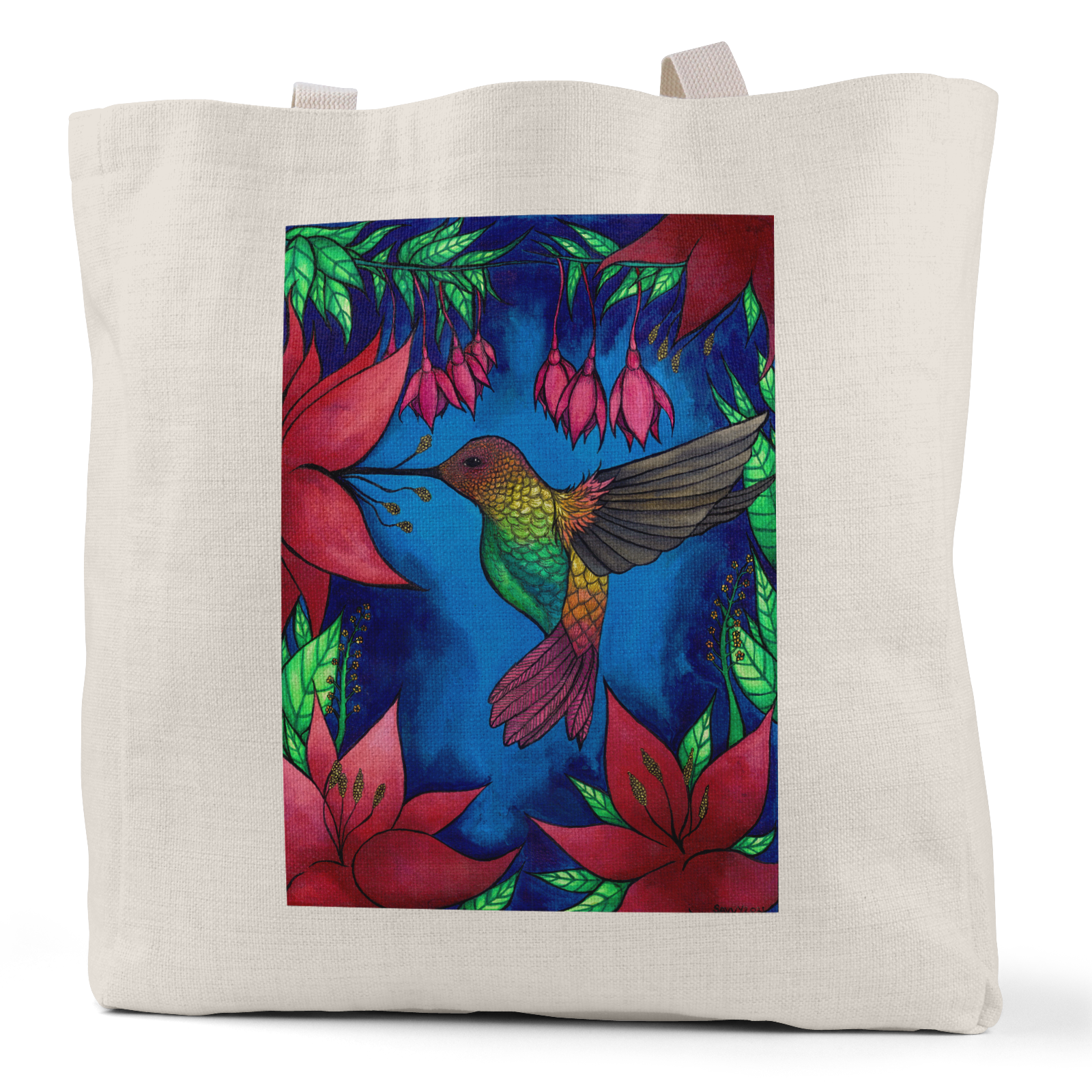 "Isabelle's Hummingbird" - Small/Large Linen Tote