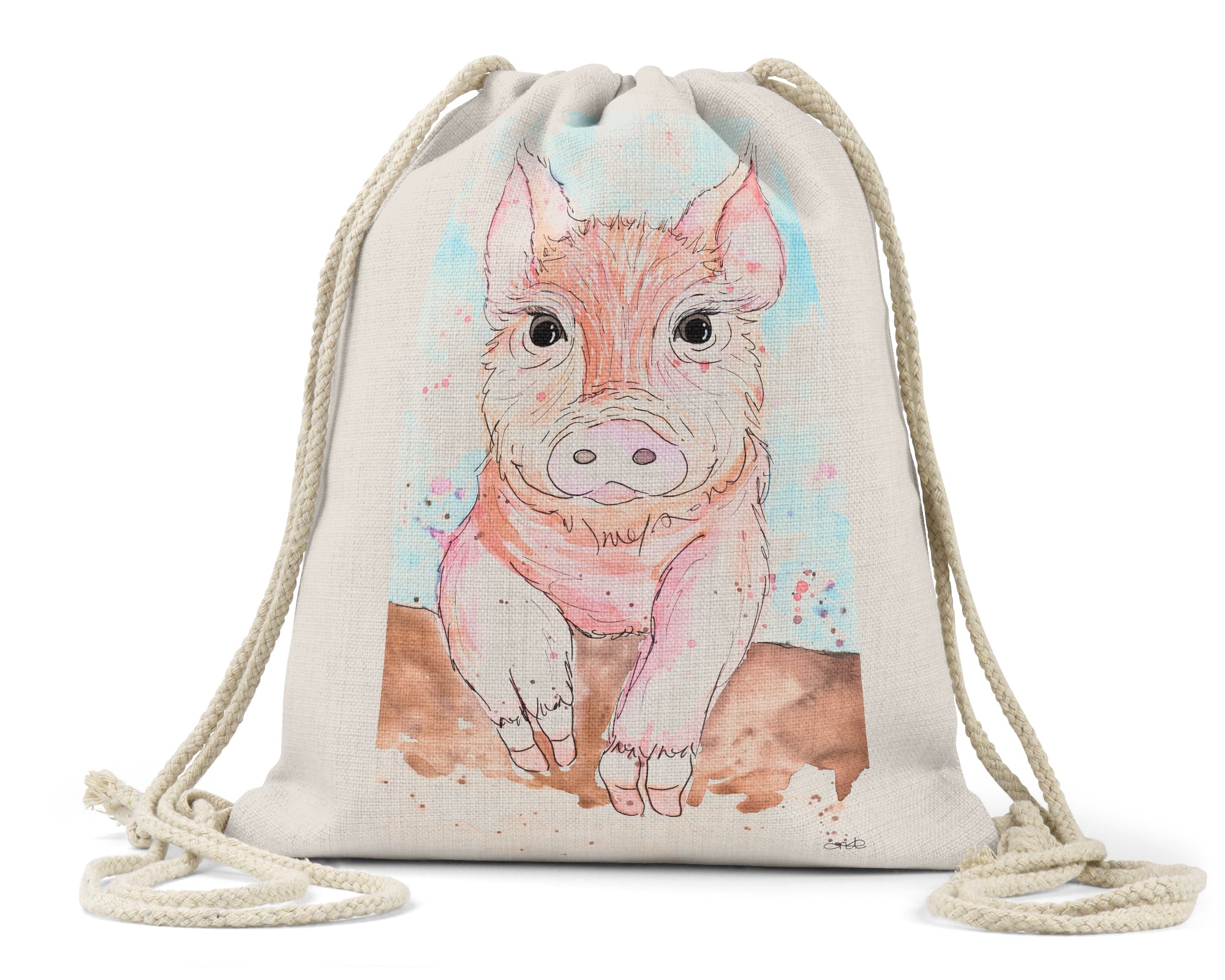 "Mimi's Piggie" - Linen Drawstring Bag