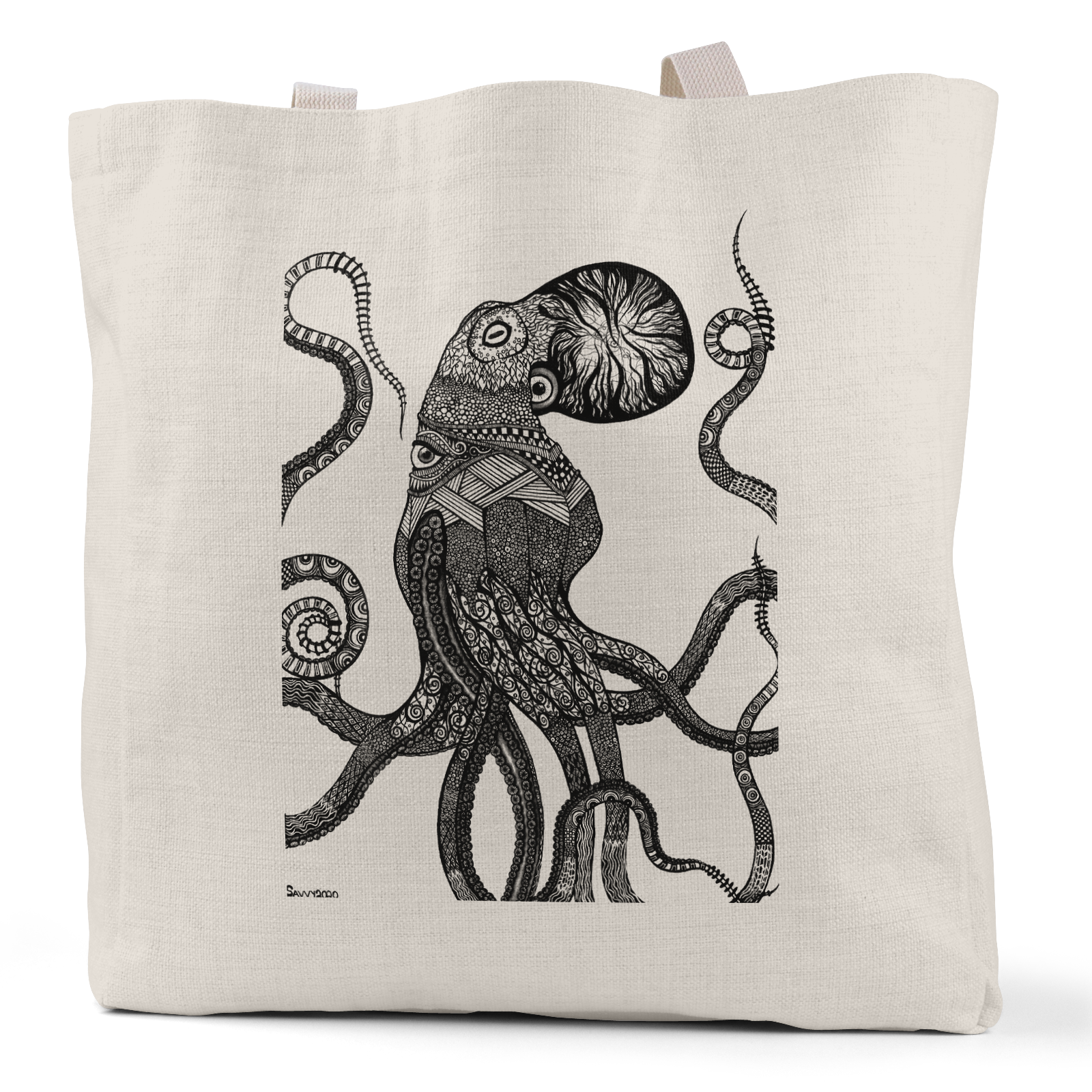 "Ocular Octopus" (Black/White Version) - Small/Large Linen Tote