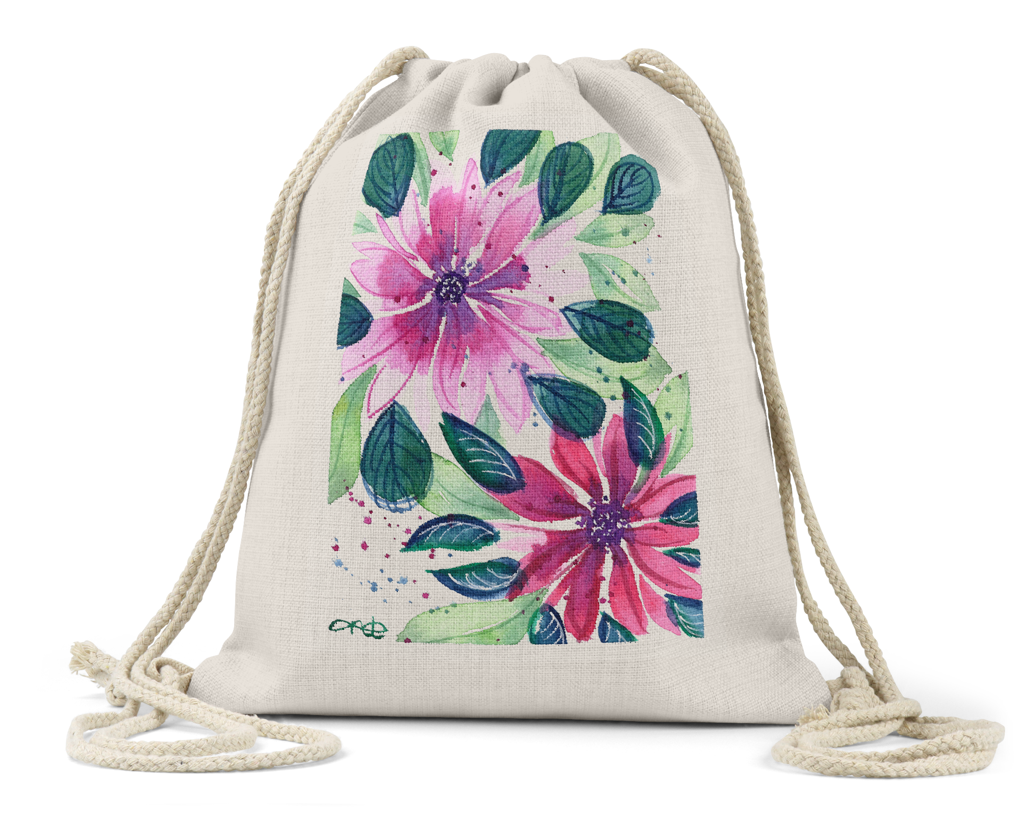 "Pink Flowers" - Linen Drawstring Bag