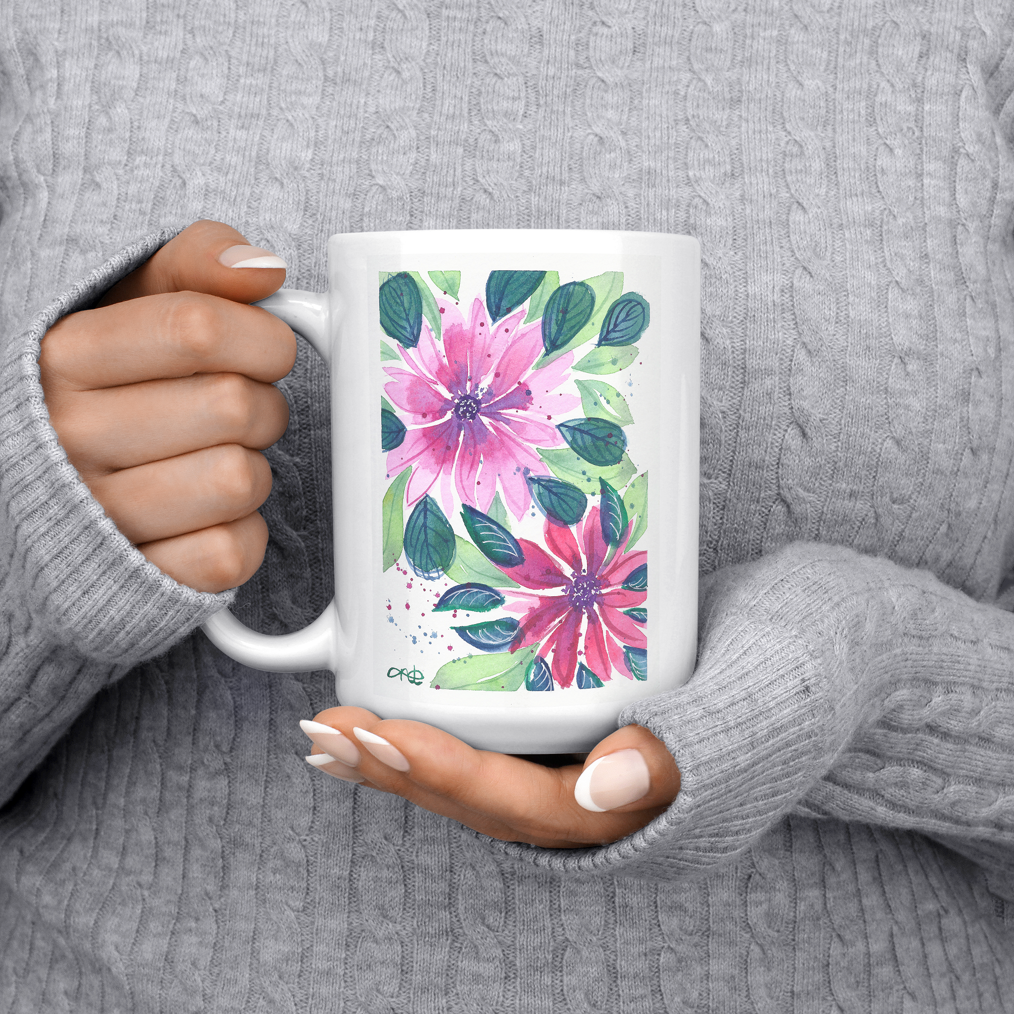"Pink Flowers" - 15oz Coffee Mug