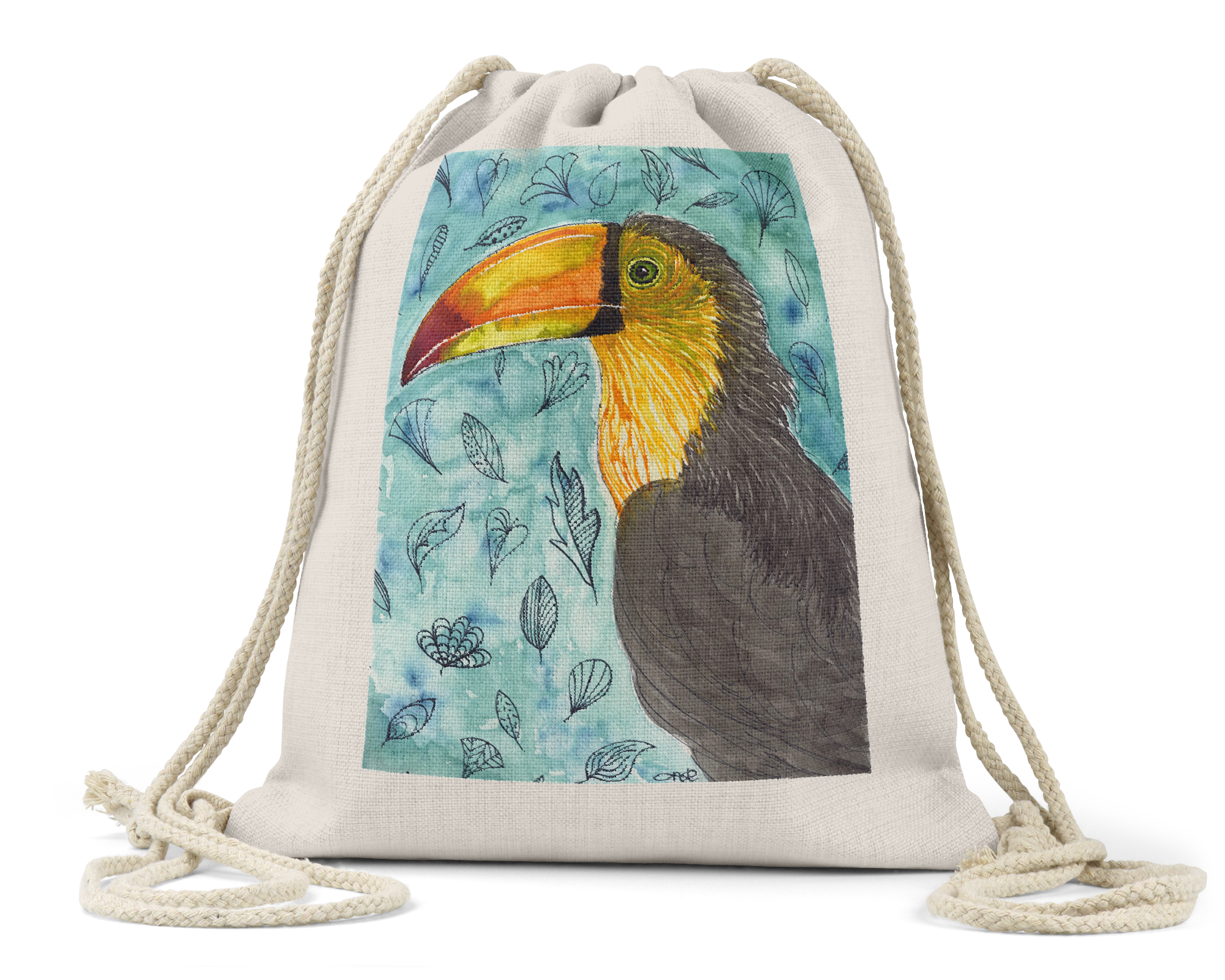 "Timmy the Toucan - Linen Drawstring Bag