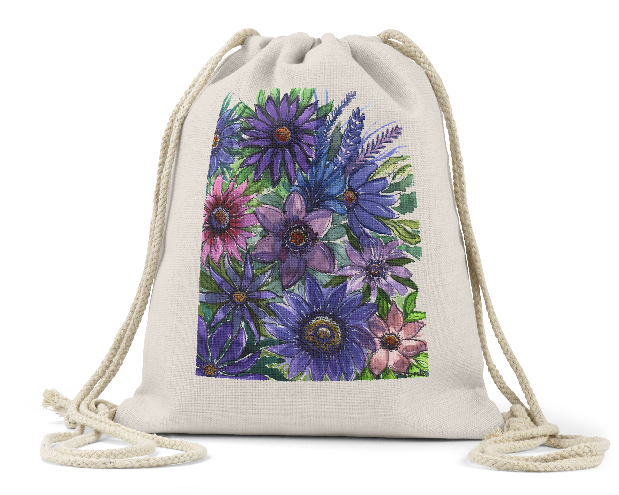 "Violet Bouquet" - Linen Drawstring Bag